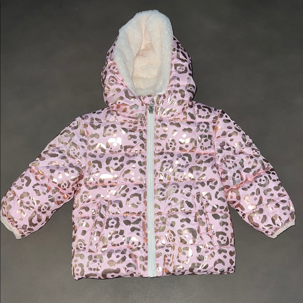 Swiss Tech Pink Leopard Print Puffer Sherpa Jacket with Gold Accents